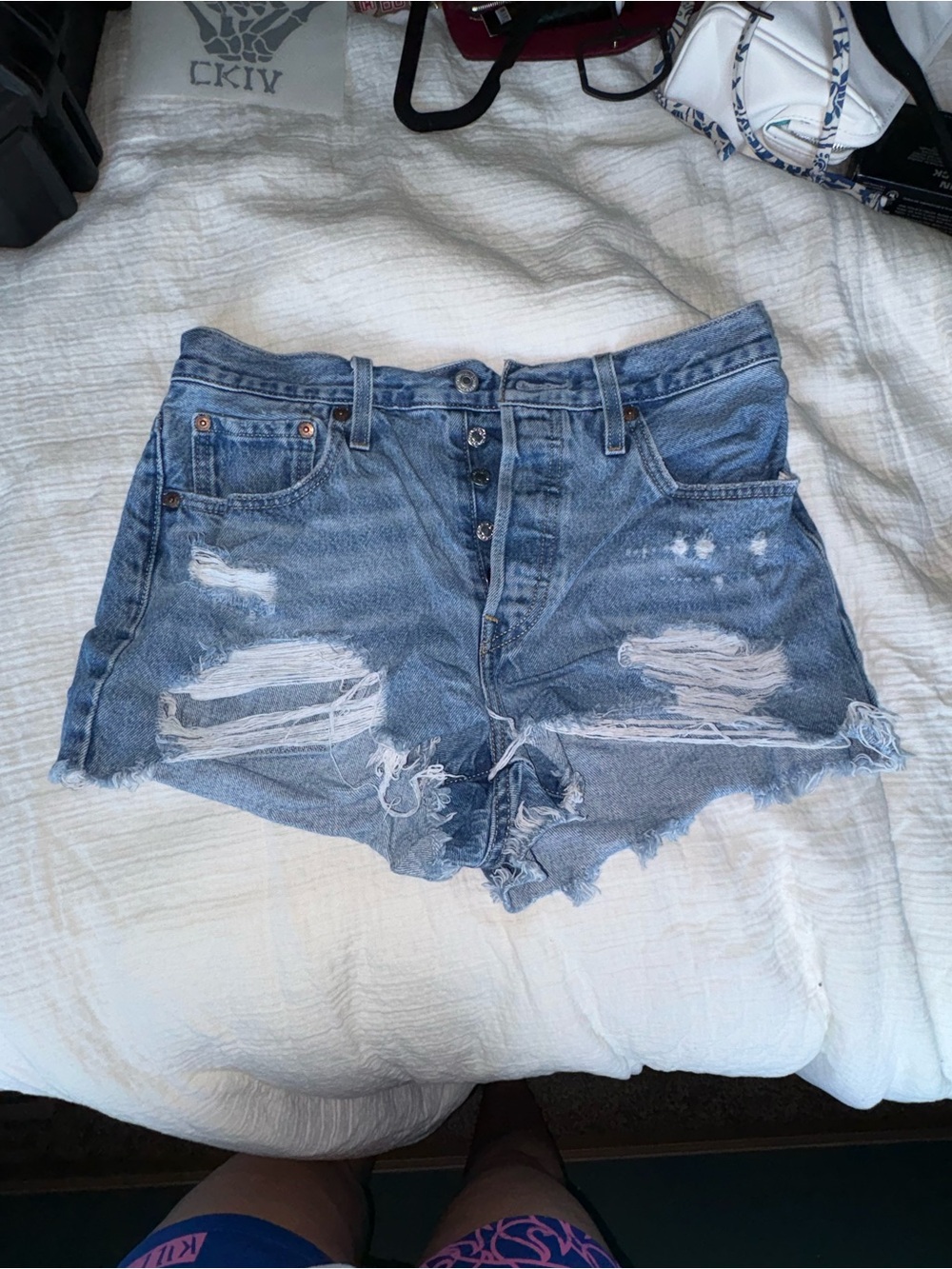 Levi's High-Rise Distressed Denim Shorts - Light Blue